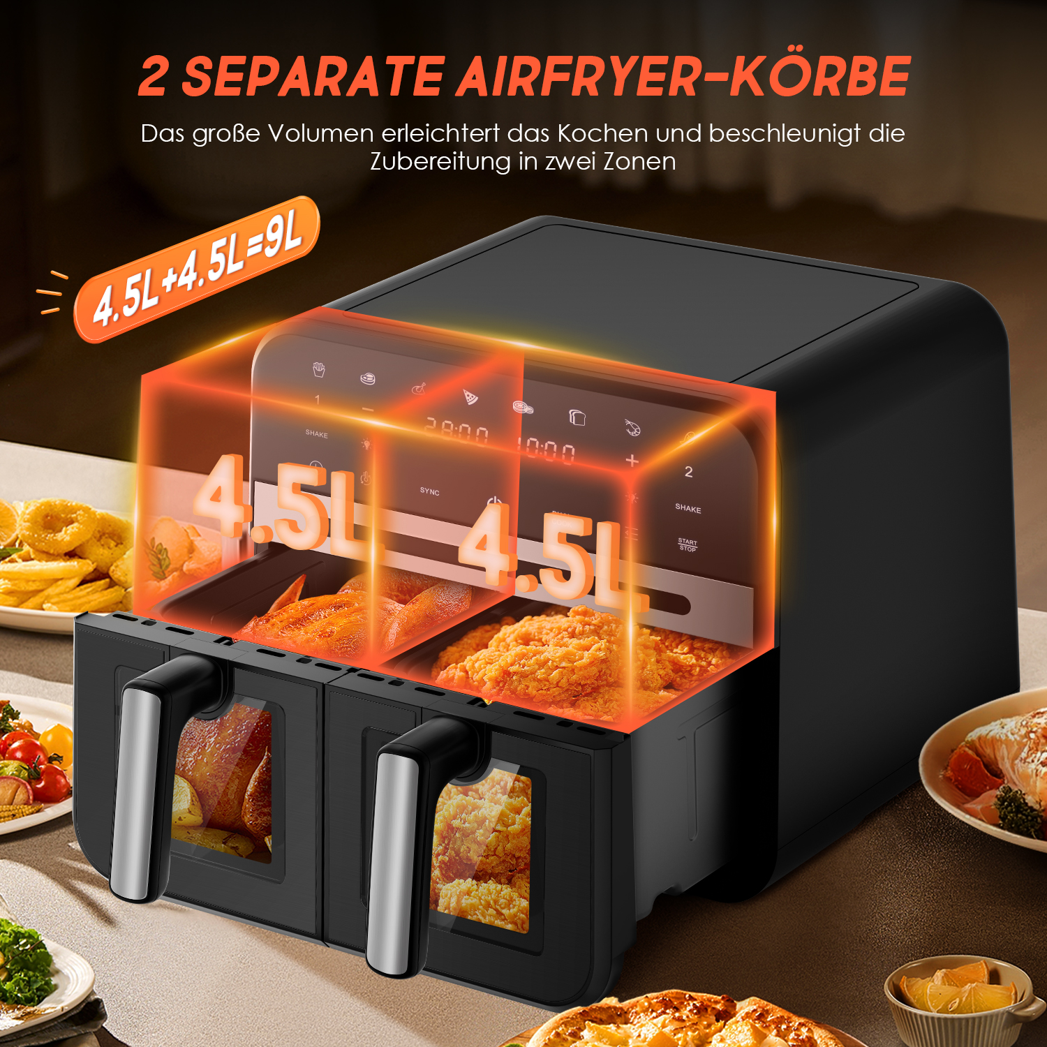 Zwei-Zonen-Heißluftfritteuse mit 9L Gesamtkapazität, zeigt Hähnchen und Fritten.