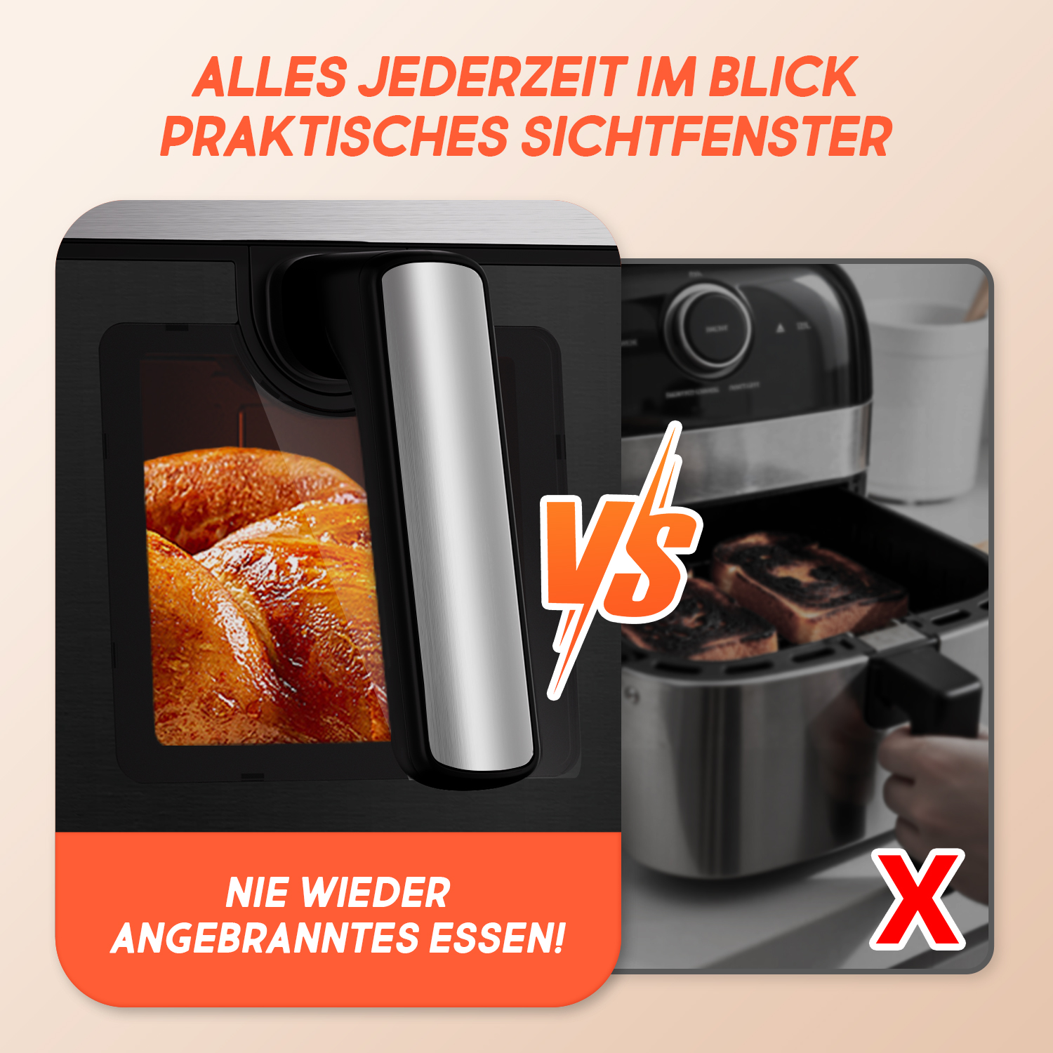 Heißluftfritteuse mit Sichtfenster zeigt goldenes Essen vs verbranntes Toast.