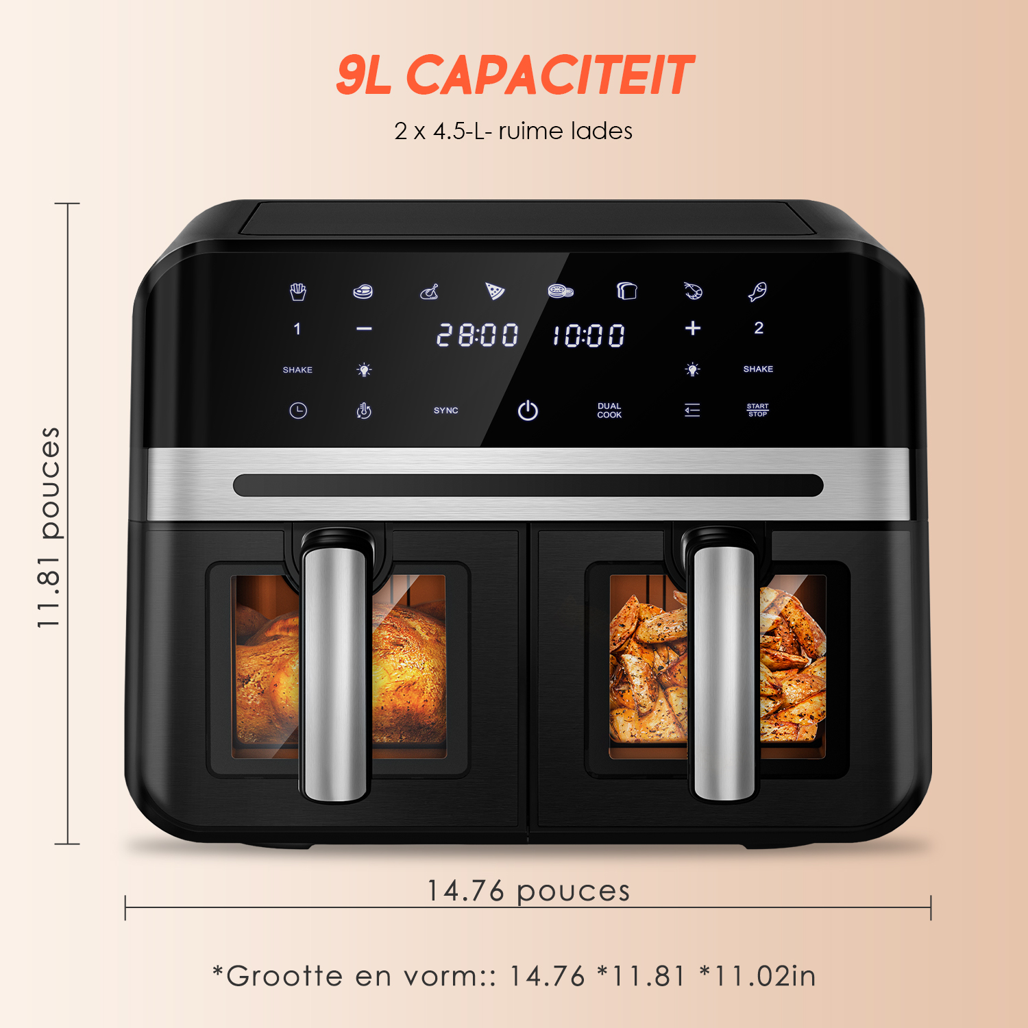 Schwarzer Doppel-Heißluftfritteuse mit digitalen Bedienelementen und zwei Körben.