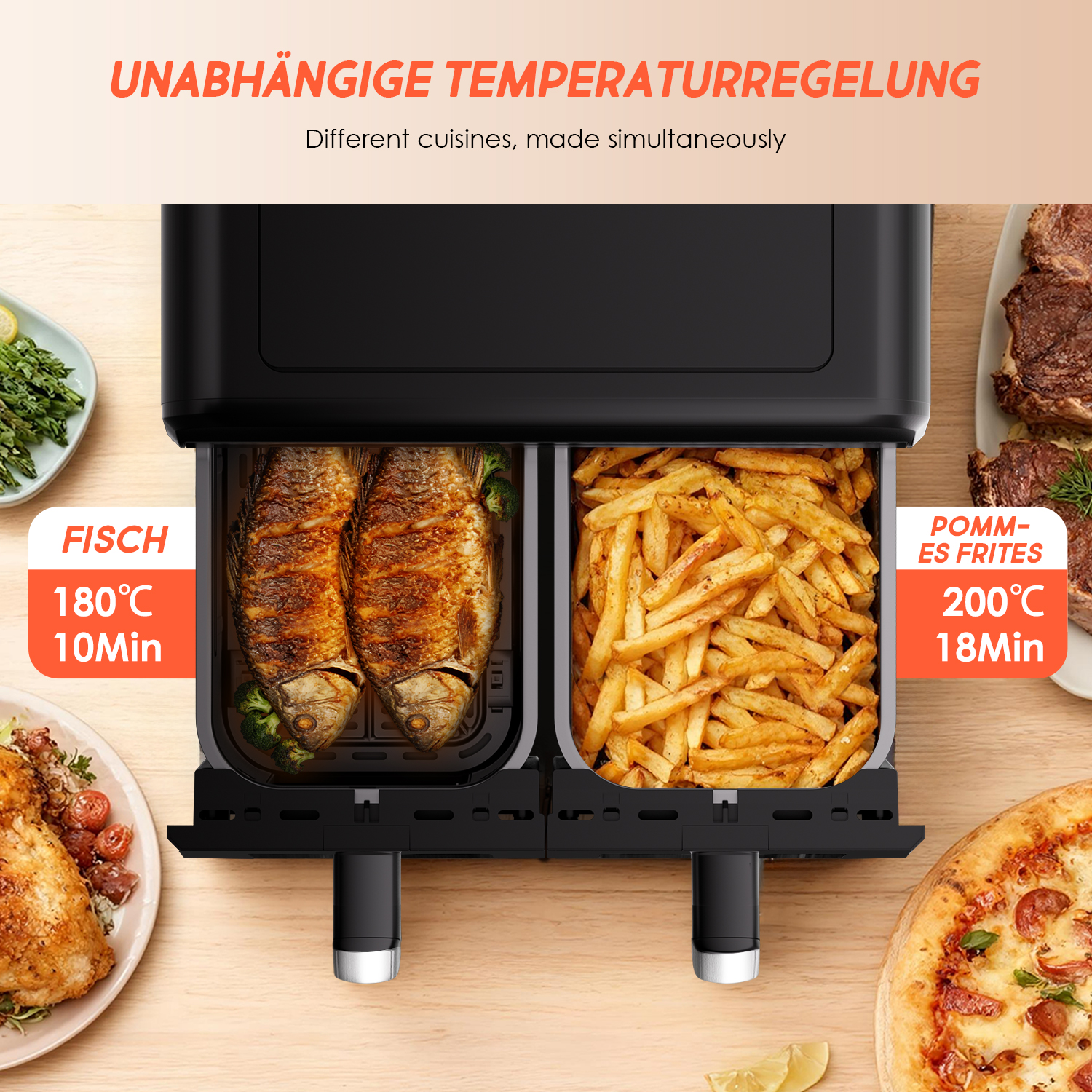 Doppel-Heißluftfritteuse mit Fisch und Pommes Frites, daneben Pizza und Hähnchen.