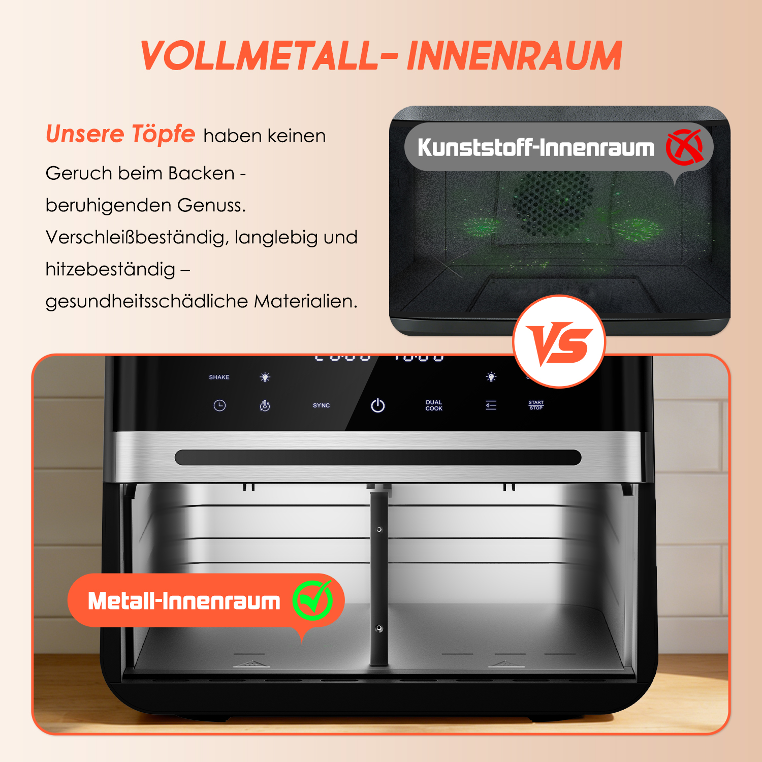 Vergleich von Küchengeräten: Vollmetall-Innenraum vs. Kunststoff-Innenraum.