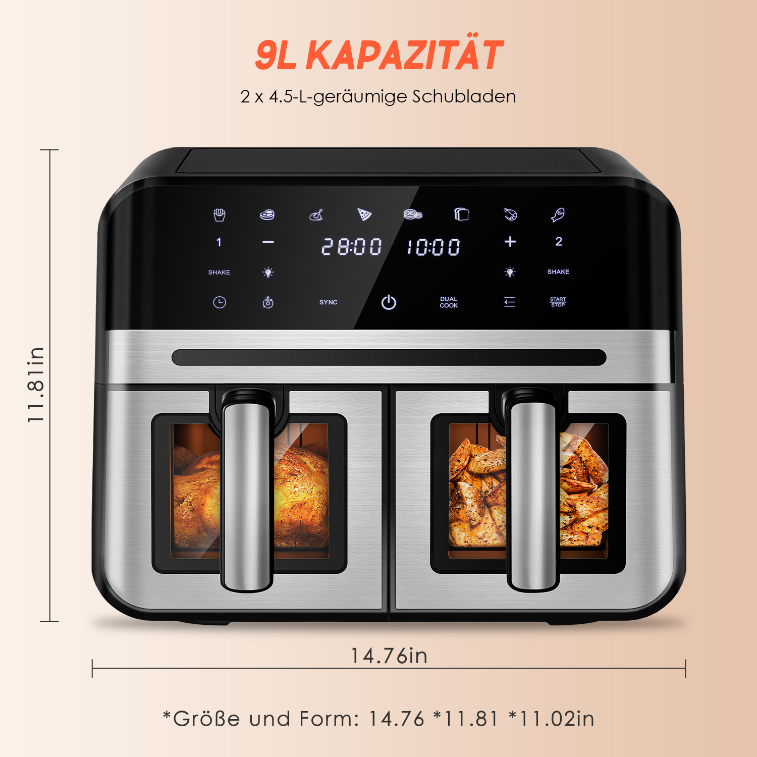 Doppel-Heißluftfritteuse mit digitalen Bedienelementen und zwei Körben.