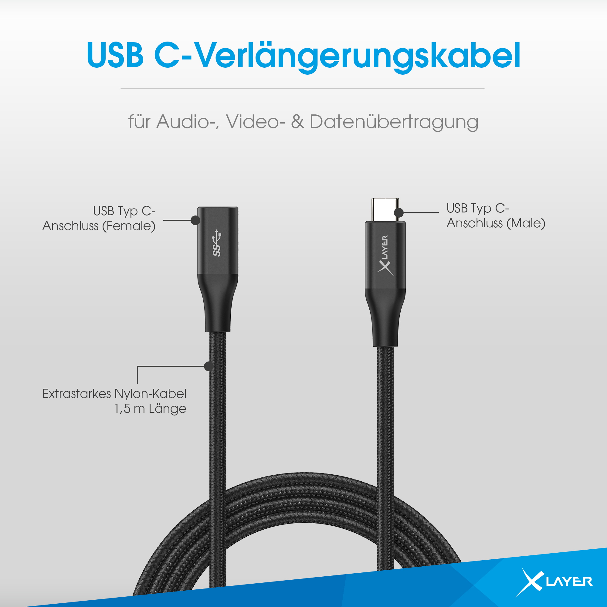 Schwarzes USB-C-Verlängerungskabel mit männlichem und weiblichem Anschluss.