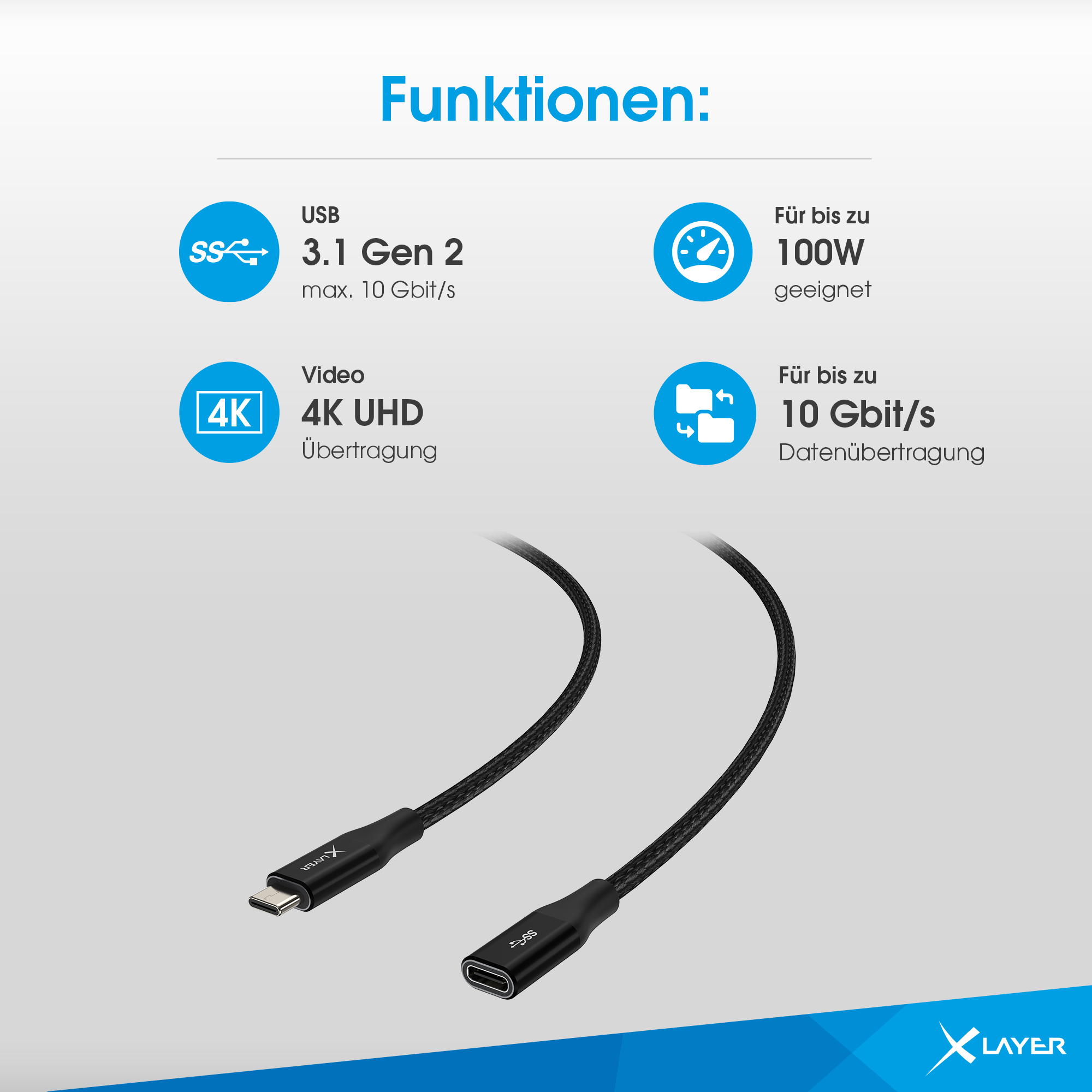 USB 3.1 Gen 2, 4K UHD Video, 100W Strom, 10 Gbit/s Datenübertragung.