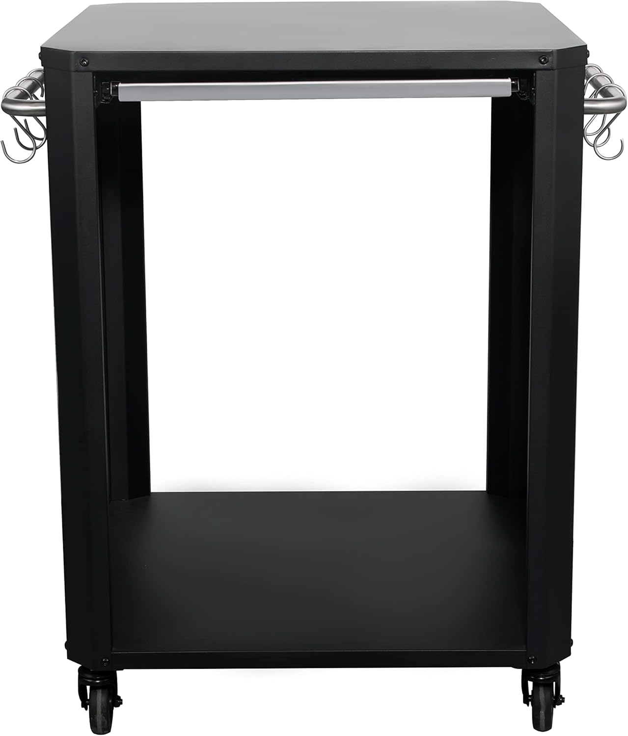 Carrello di servizio nero con ganci e ruote.