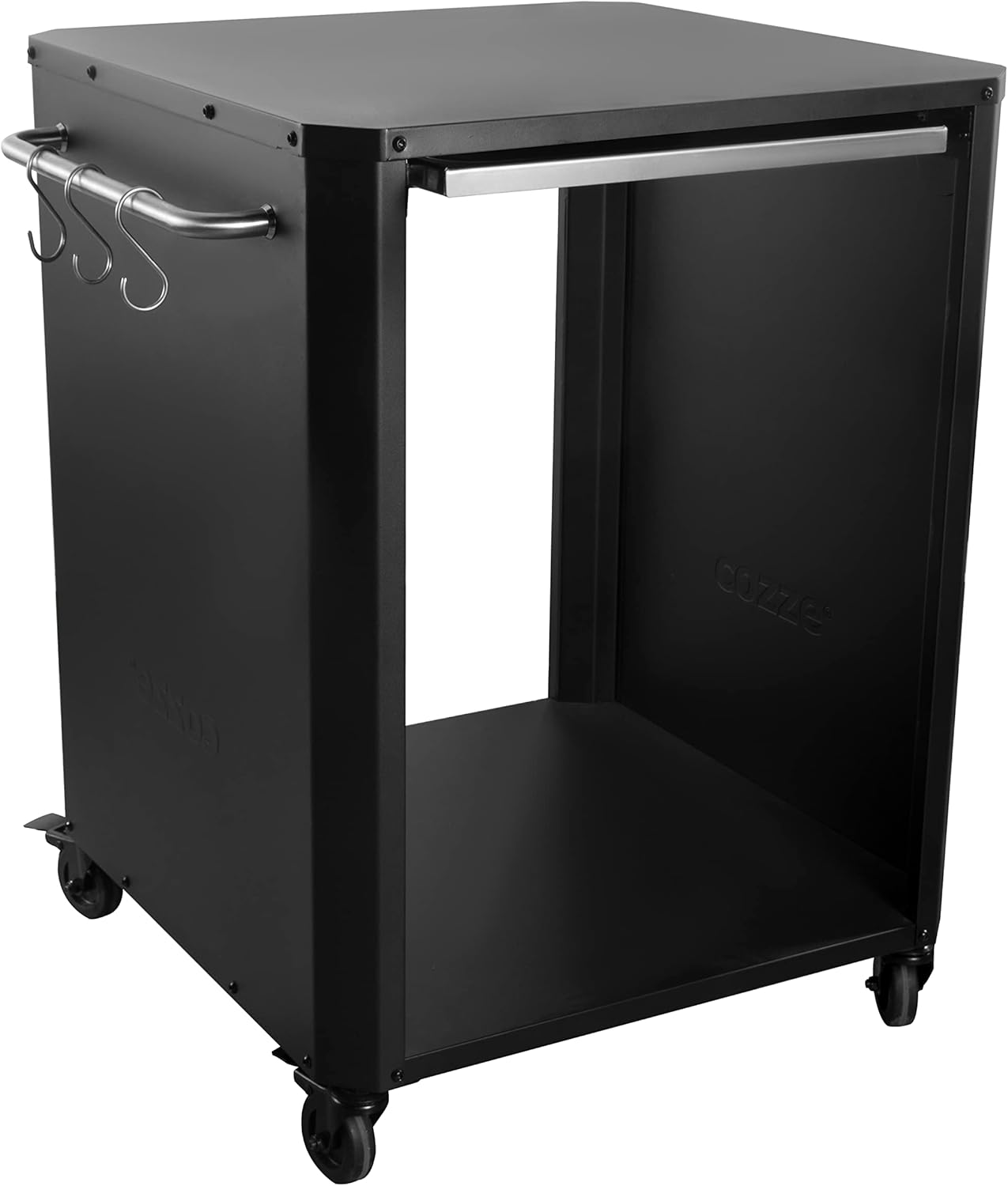 Carrello da portata nero con ruote, ganci e maniglia.