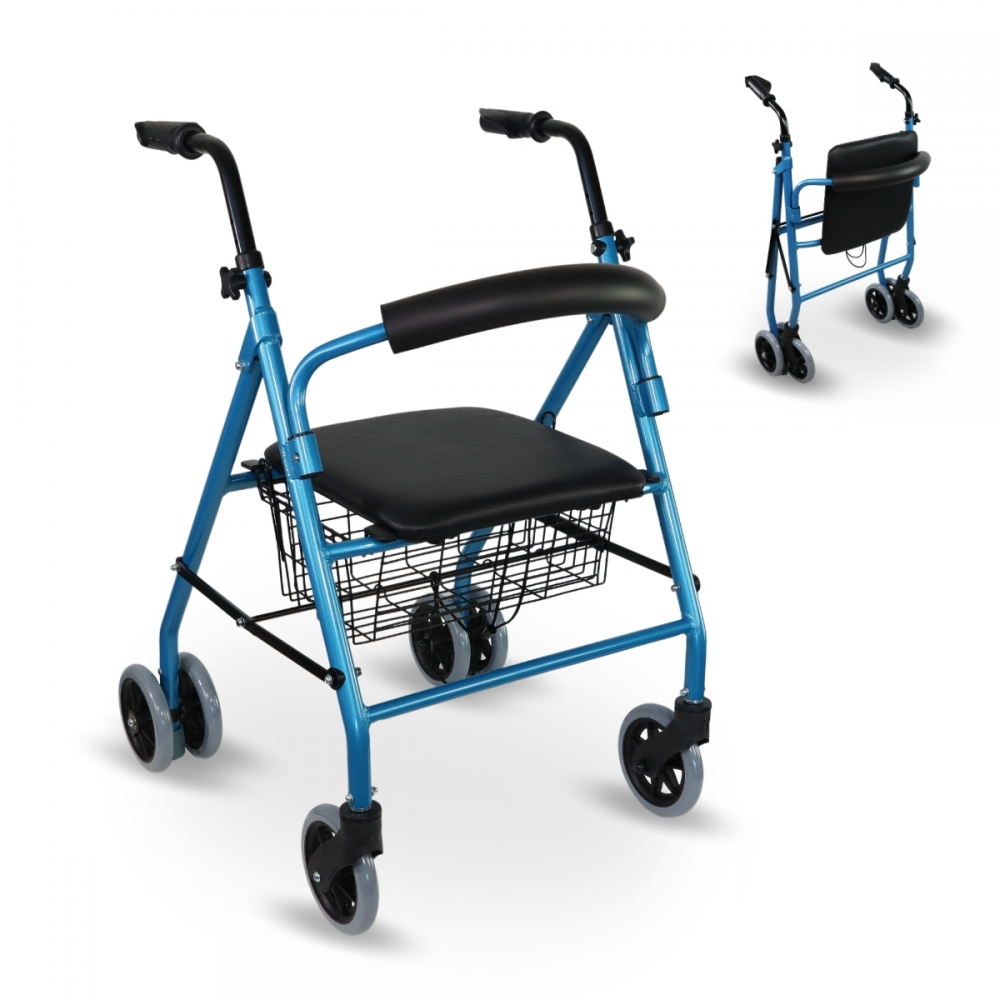 Andador azul con asiento, reposabrazos y cesta. Uno más pequeño plegado al fondo.