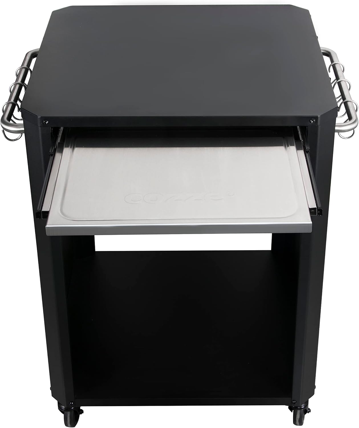 Carrello griglia nero con ripiano metallico estraibile e ripiano aperto sotto.