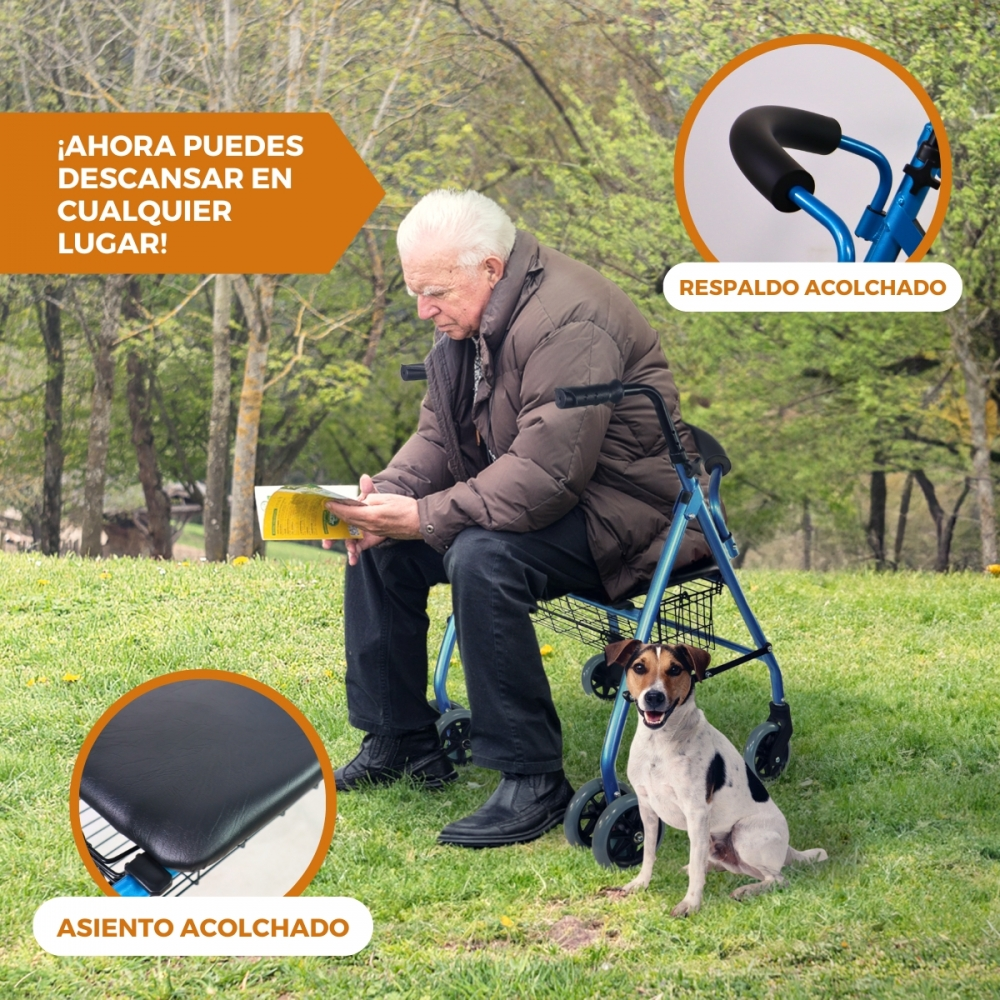 Un anciano se sienta en el césped con un andador, un perro se sienta a su lado.
