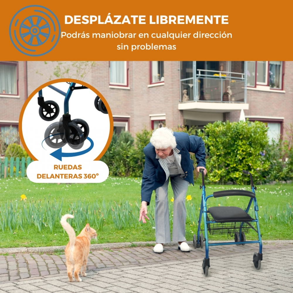 Mujer mayor con andador en acera, gato en el césped.