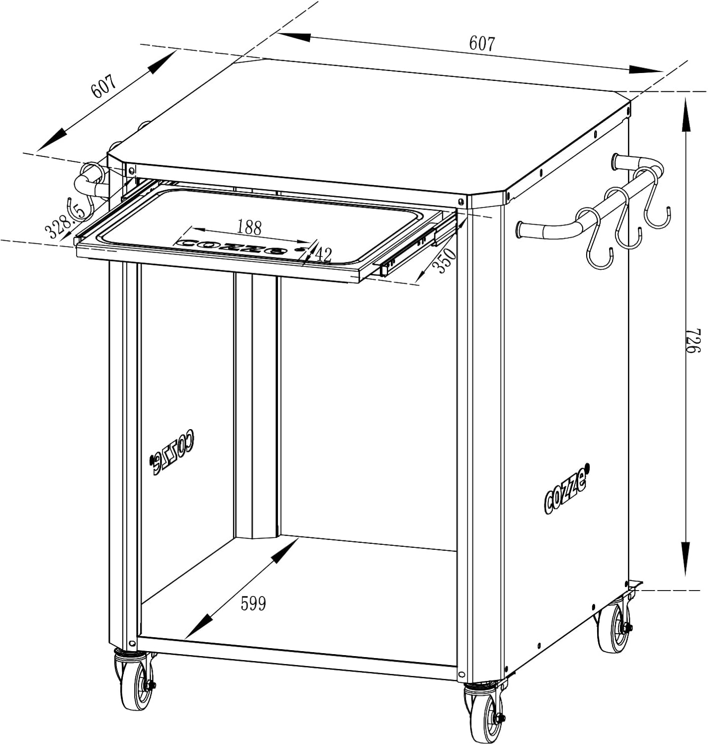Disegno tecnico di un carrello con cassetto, maniglie e ruote.