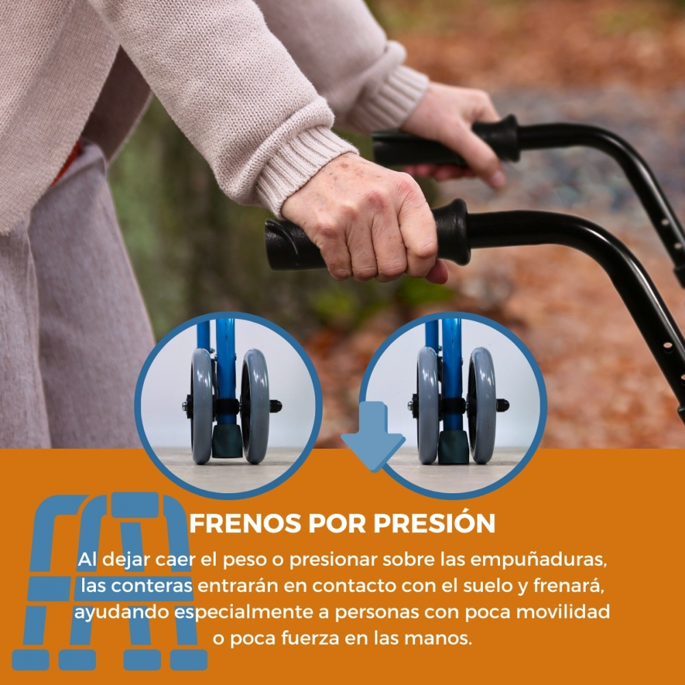 Manos sujetan asas de andador, frenos se activan con presión.