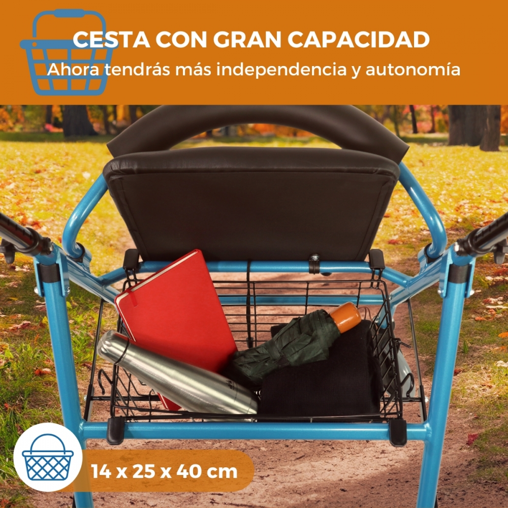 Un andador azul con asiento y cesta, con botella de agua, libro y paraguas.