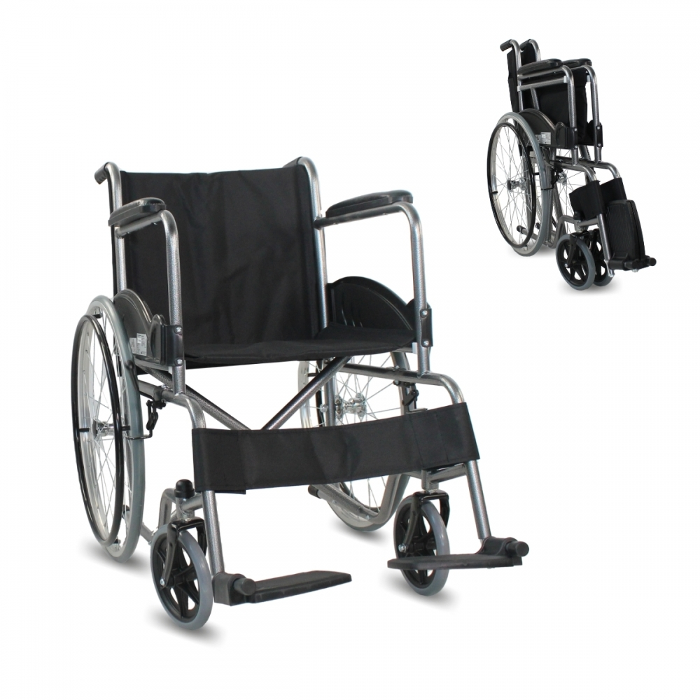 Una silla de ruedas negra con marco plateado, vista de frente y de atrás.