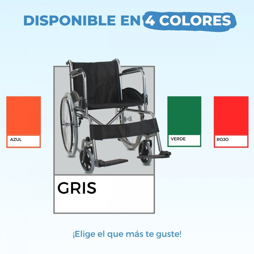 Una silla de ruedas se muestra en gris, con opciones de color naranja, verde y rojo.
