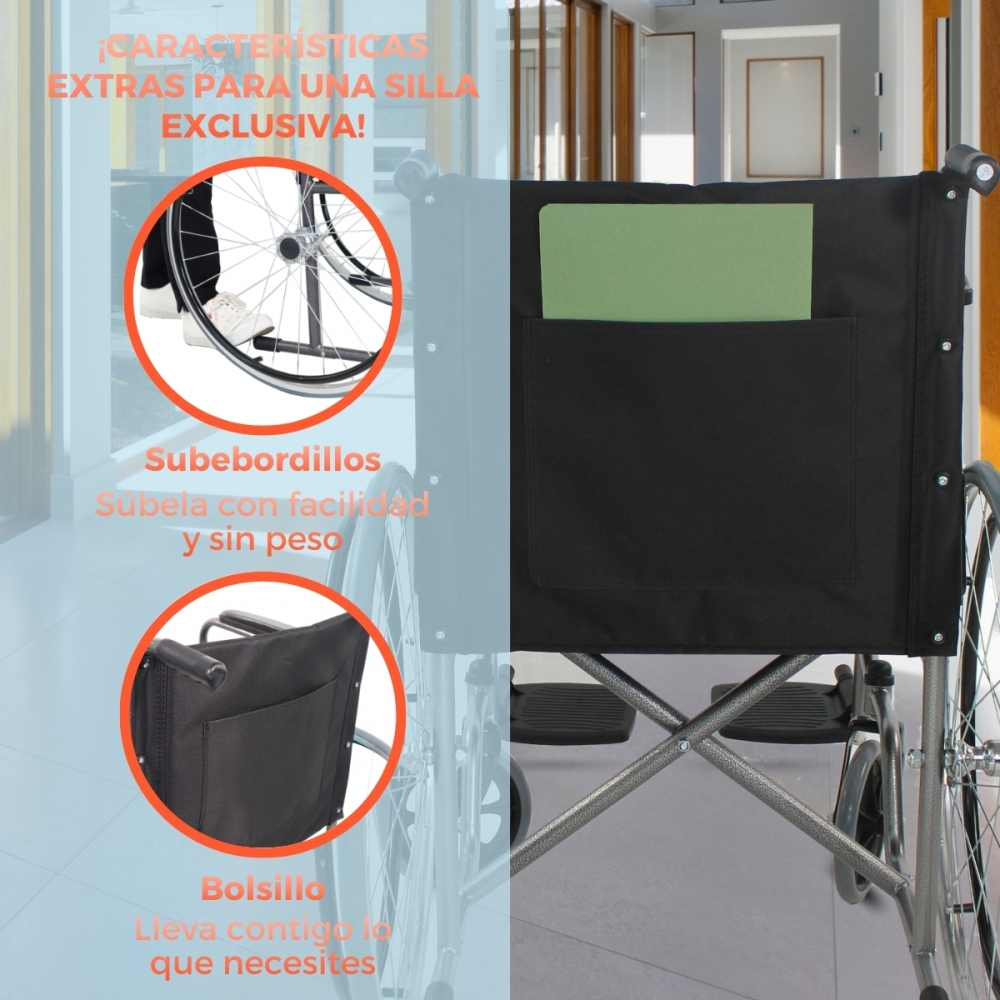 Una silla de ruedas con características como subebordillos y bolsillo.