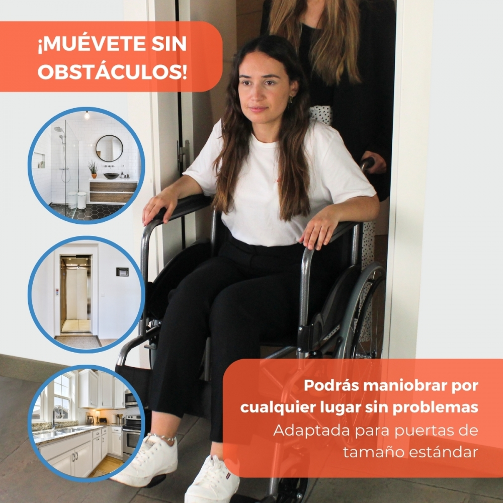 Mujer en silla de ruedas pasa por una puerta. Imágenes muestran baño, ascensor, cocina.