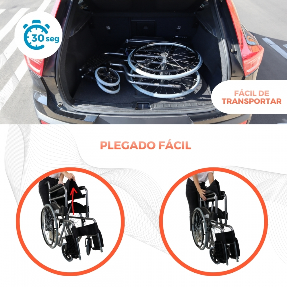 Una silla de ruedas plegable se guarda en el maletero de un coche.