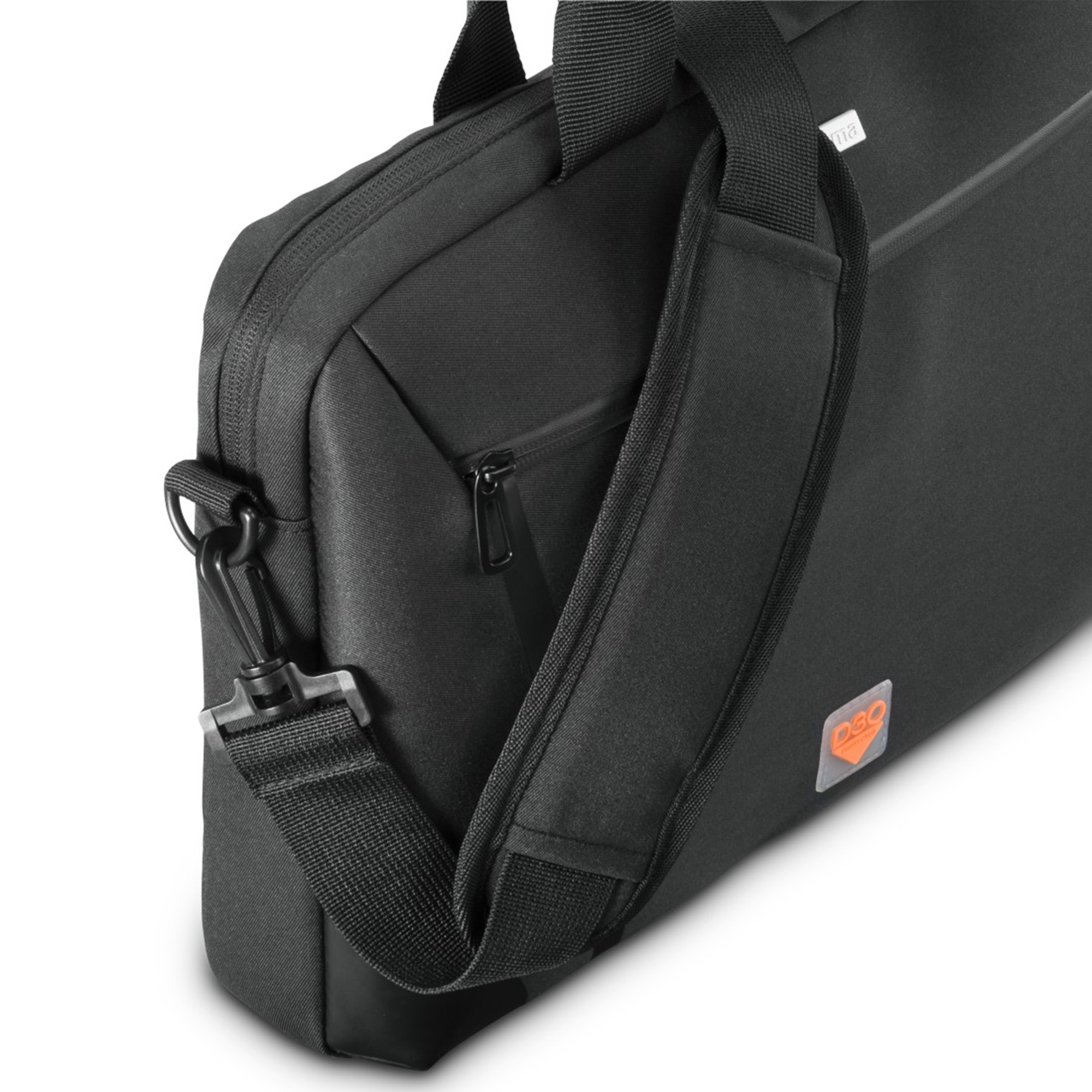 Borsa nera con cerniera, tracolla e logo D3O arancione.