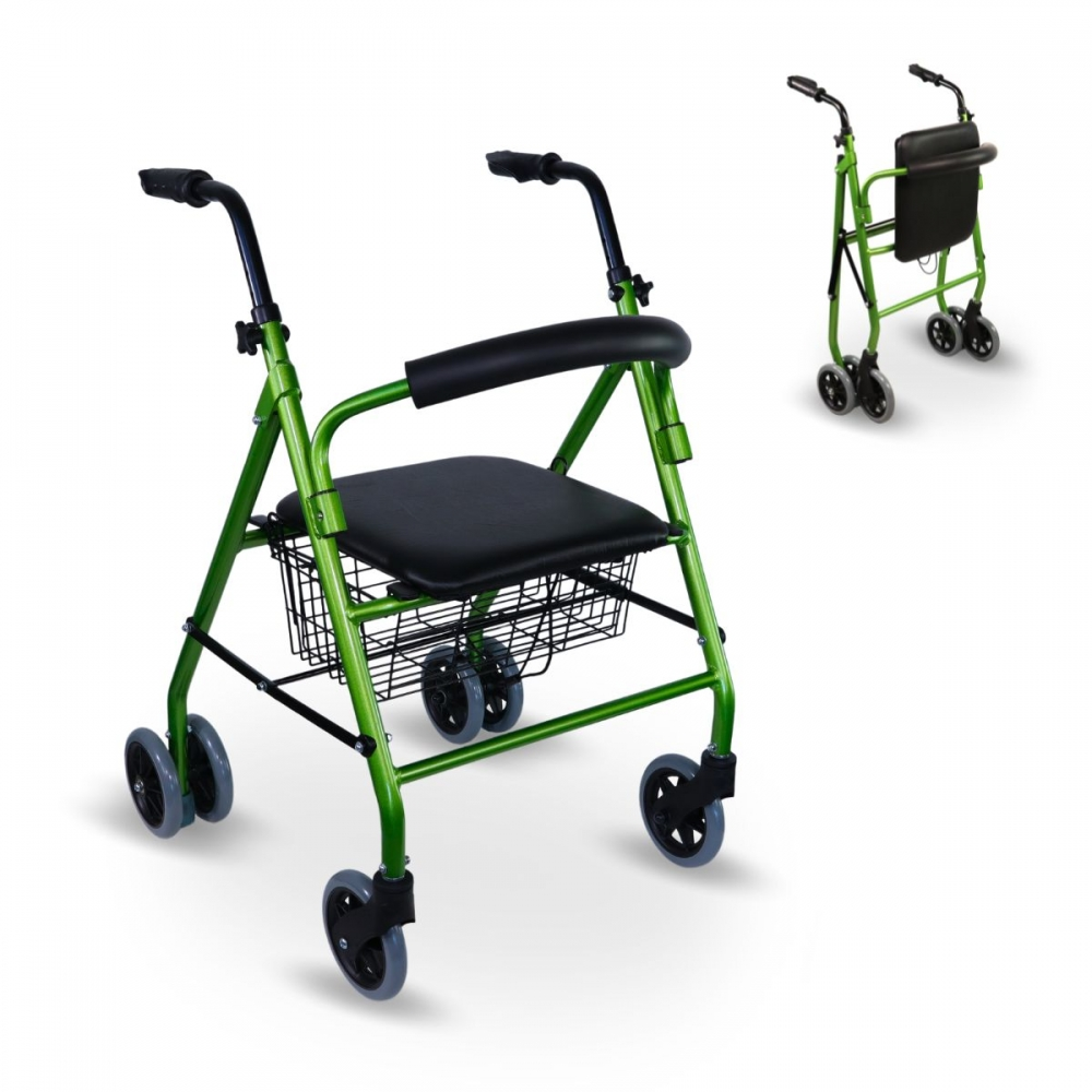 Un andador verde con asiento, cesta y ruedas.