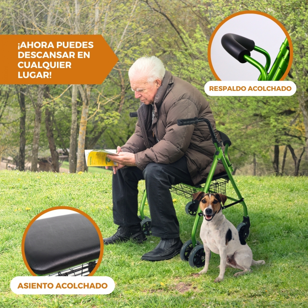 Hombre leyendo en un parque con un perro y un andador verde.
