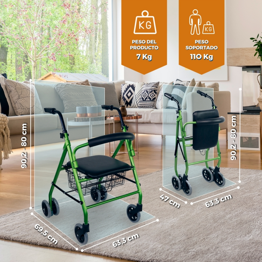 Dos andadores verdes con asiento y cesta frente a un sofá. Se muestran dimensiones.
