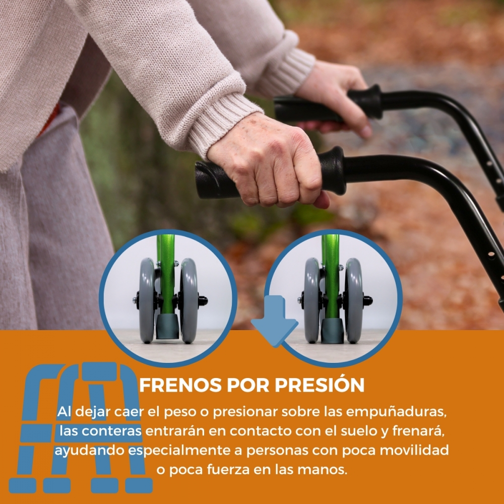 Manos en un andador, mostrando frenos de presión.