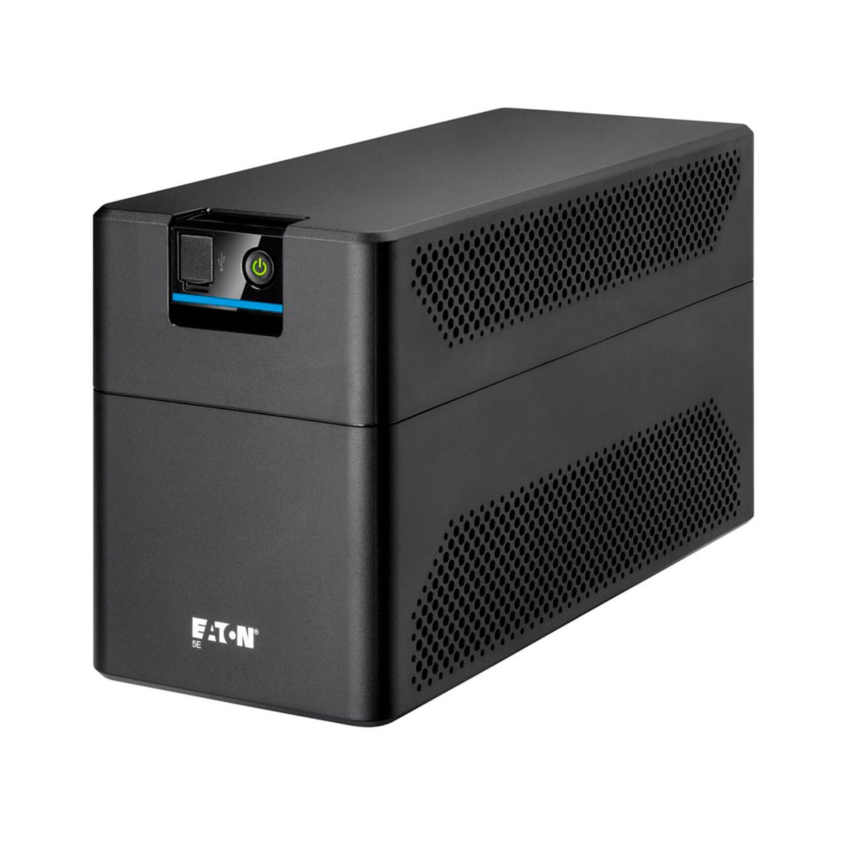 Czarny zasilacz awaryjny Eaton z otworami wentylacyjnymi i przyciskiem.