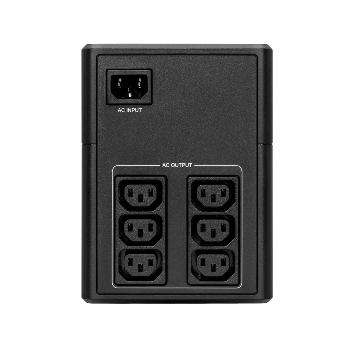 Czarna obudowa z wejściem AC u góry i sześcioma gniazdami wyjściowymi.
