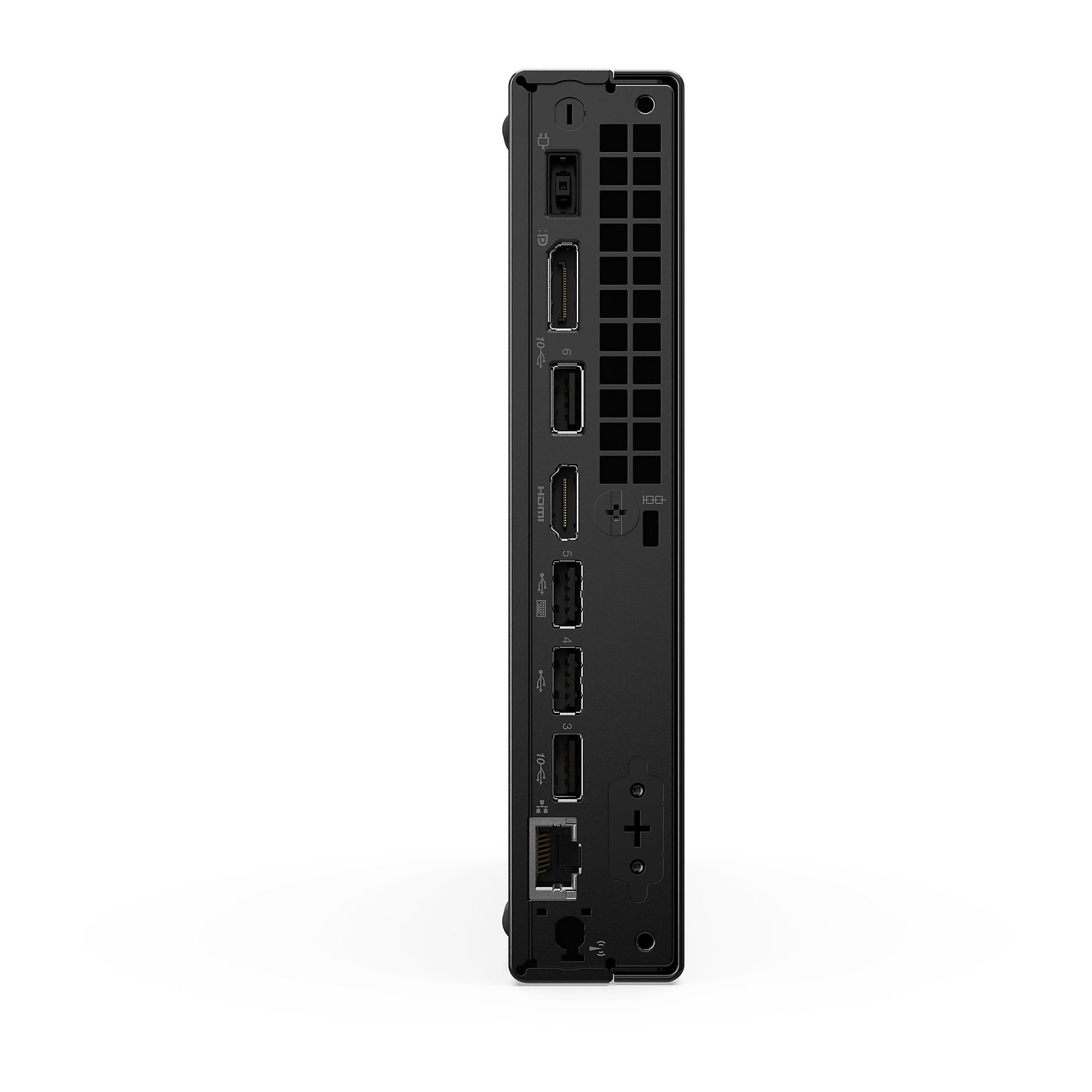 Vista posteriore di un mini PC nero con porte: USB, HDMI, DisplayPort, Ethernet.