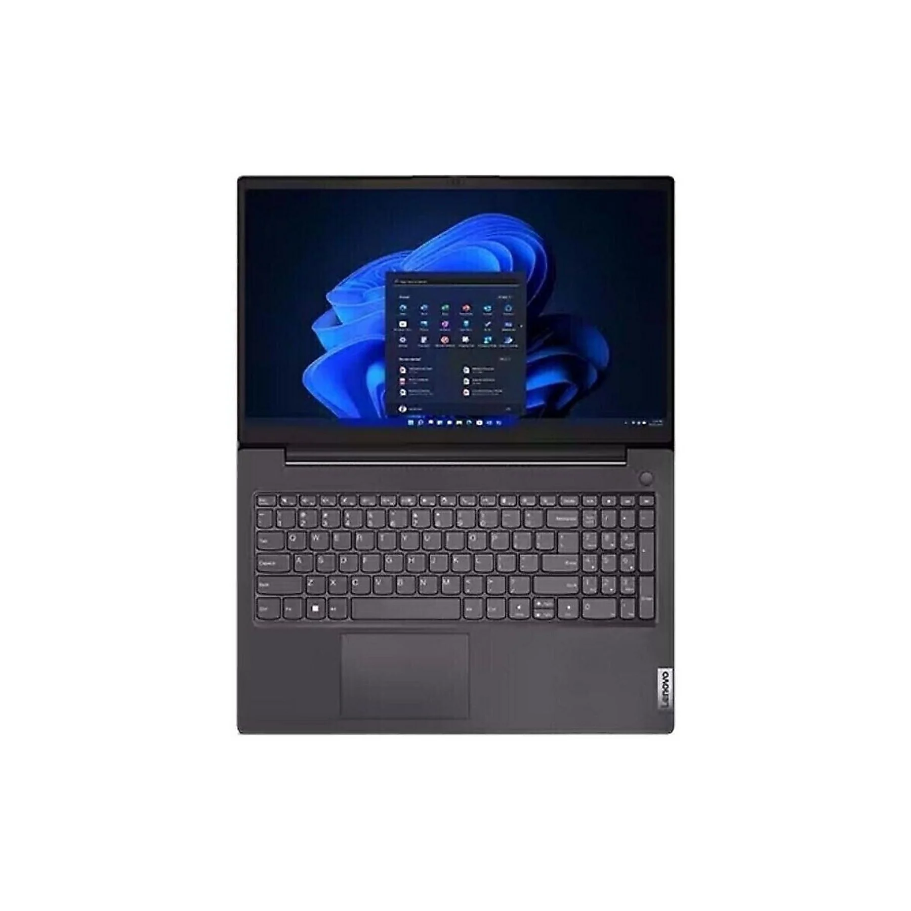 Ein offener grauer Lenovo Laptop mit Windows 11 auf dem Bildschirm.