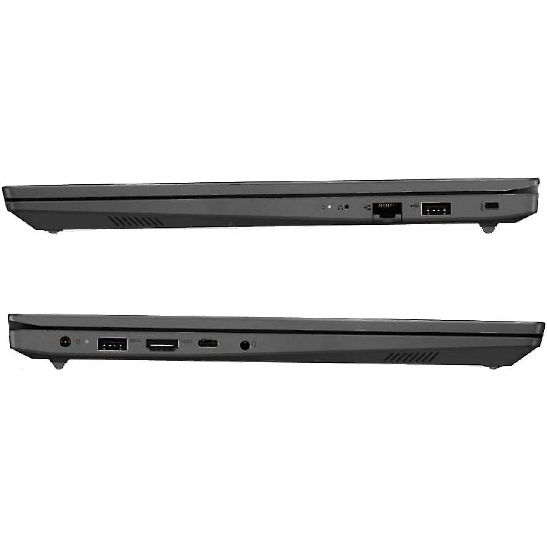 Seitenansicht eines grauen Laptops mit Anschlüssen wie USB und Ethernet.