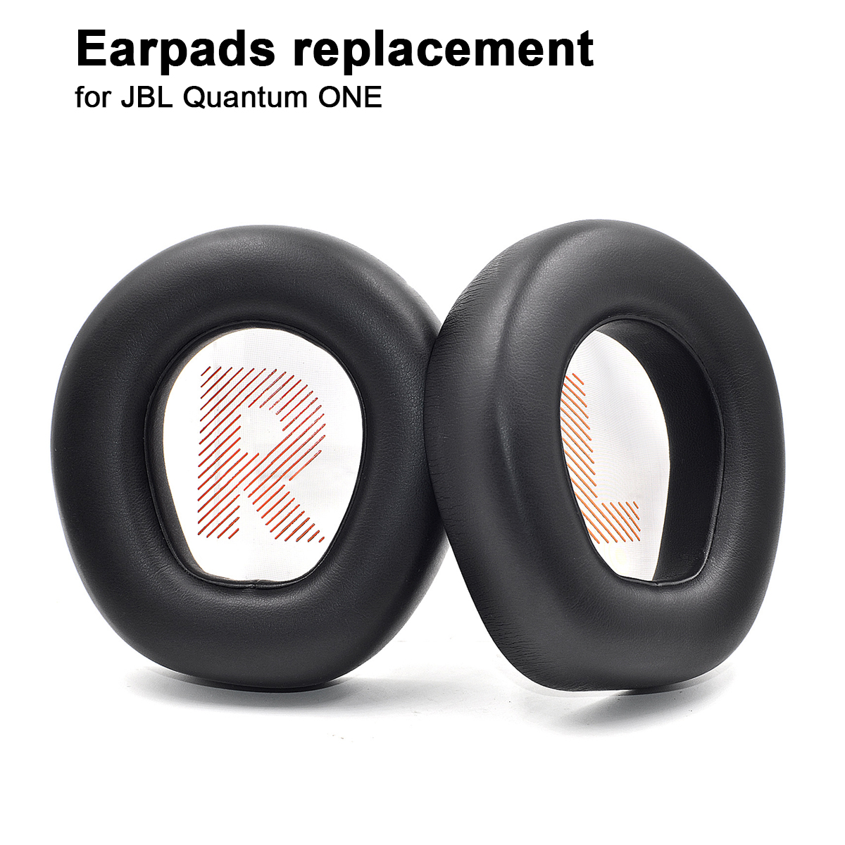 Dwa czarne nauszniki do słuchawek JBL Quantum ONE, oznaczone R i L.