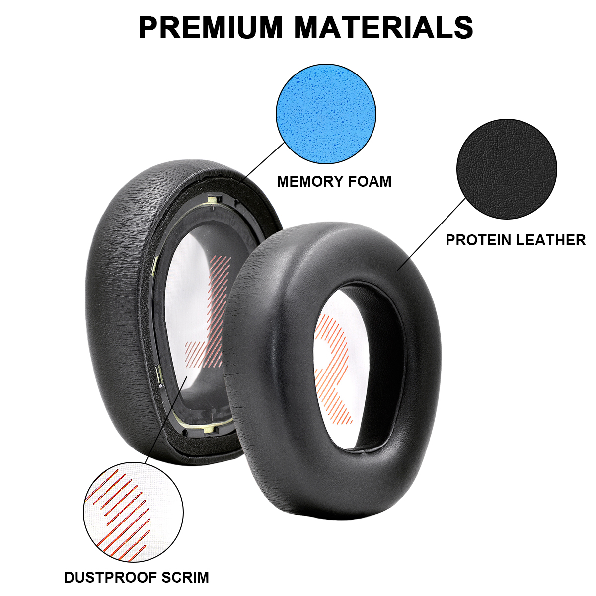 Czarne nauszniki ze skóry proteinowej z niebieską pianką memory i siateczką przeciwpyłową.