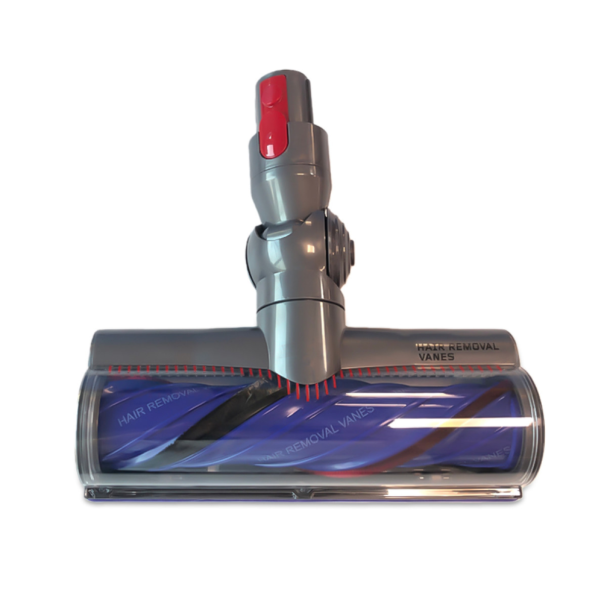 Szara głowica odkurzacza z czerwonym przyciskiem i niebieską szczotką.