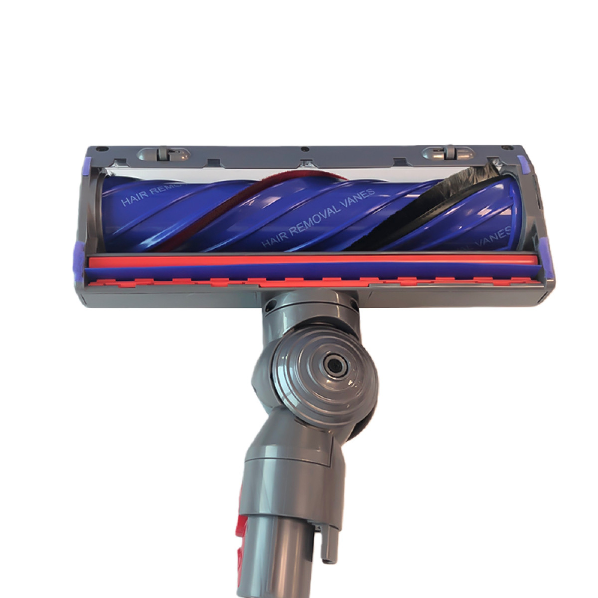 Niebieska główka szczoteczki z czerwonym włosiem i napisem.