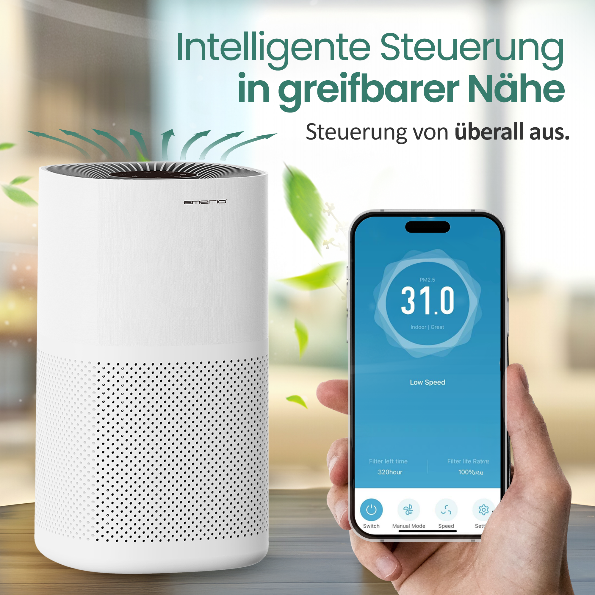 Ein weißer Luftreiniger mit App-Steuerung auf einem Handy. Grüne Pfeile zeigen Luftstrom.