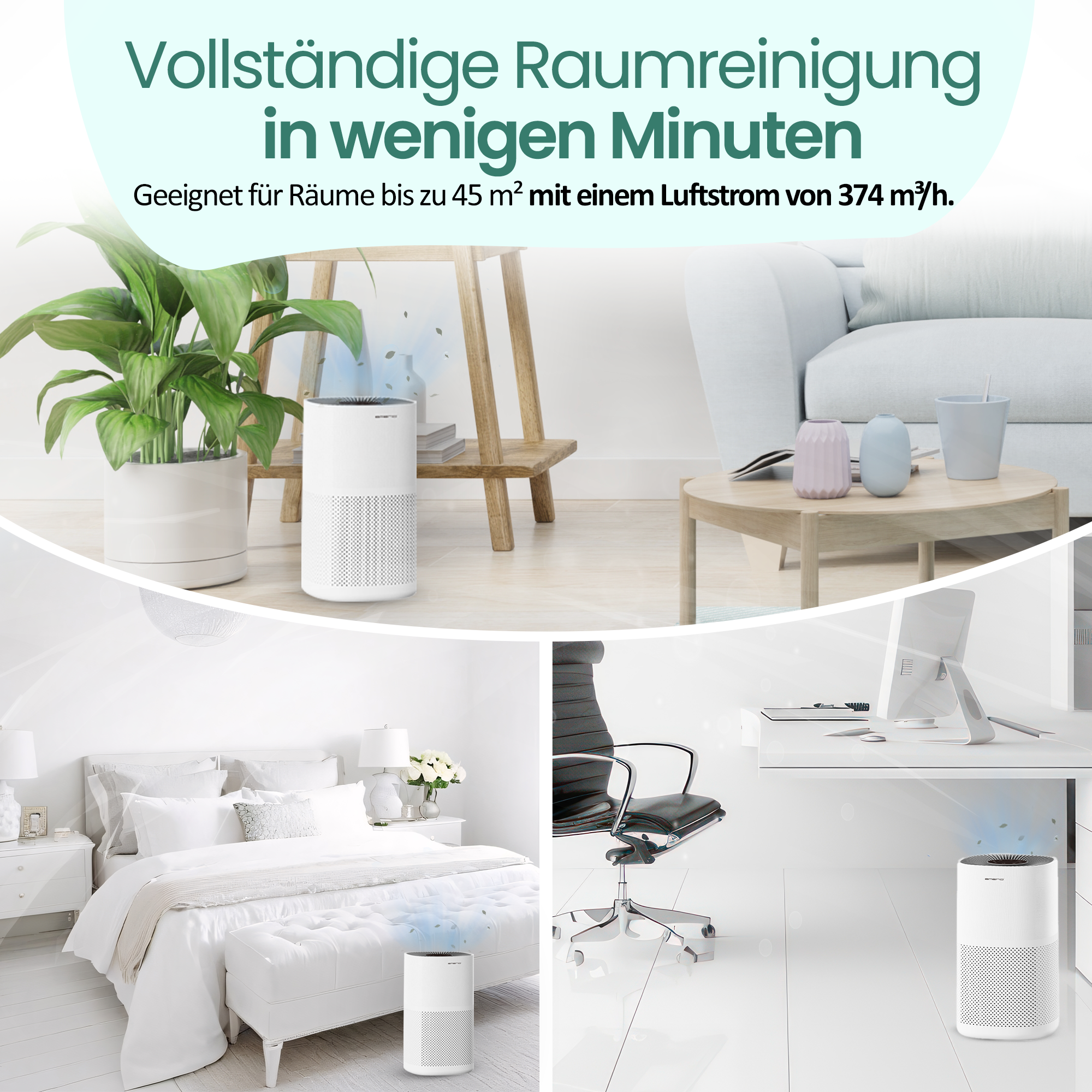 Weiße Luftreiniger in Wohn-, Schlaf- und Arbeitszimmern.