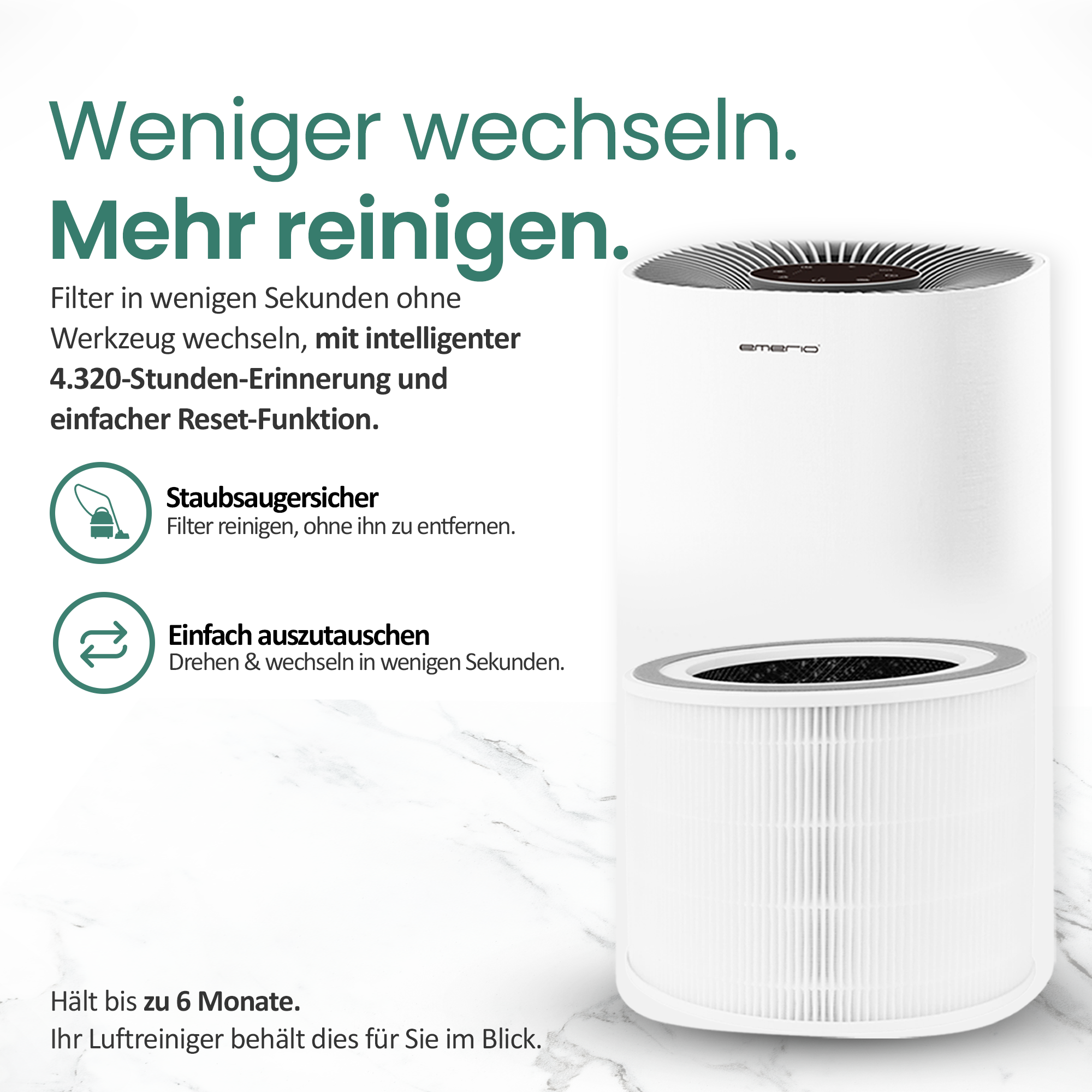 Ein weißer Luftreiniger mit austauschbarem Filter und Text über seine Eigenschaften.