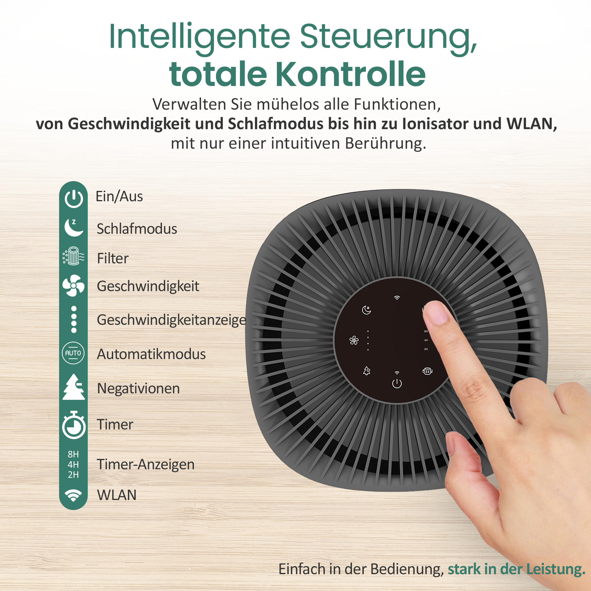 Ein Finger bedient einen Luftreiniger mit Touchscreen-Menü und Symbolen.