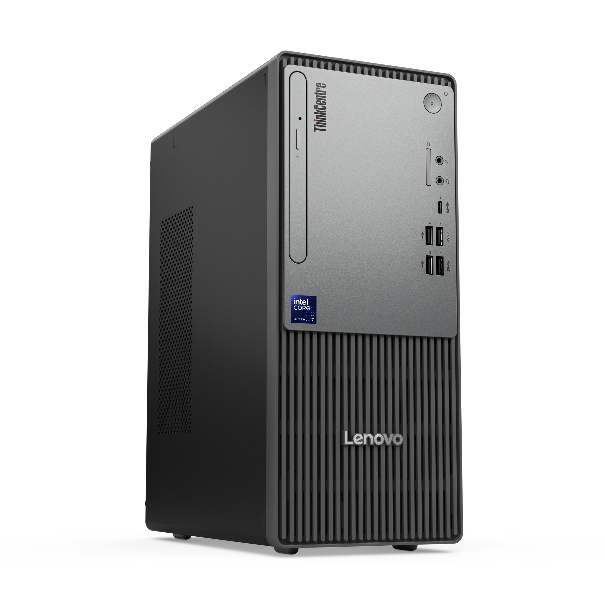 Un case PC tower Lenovo ThinkCentre nero con pannello frontale argentato.