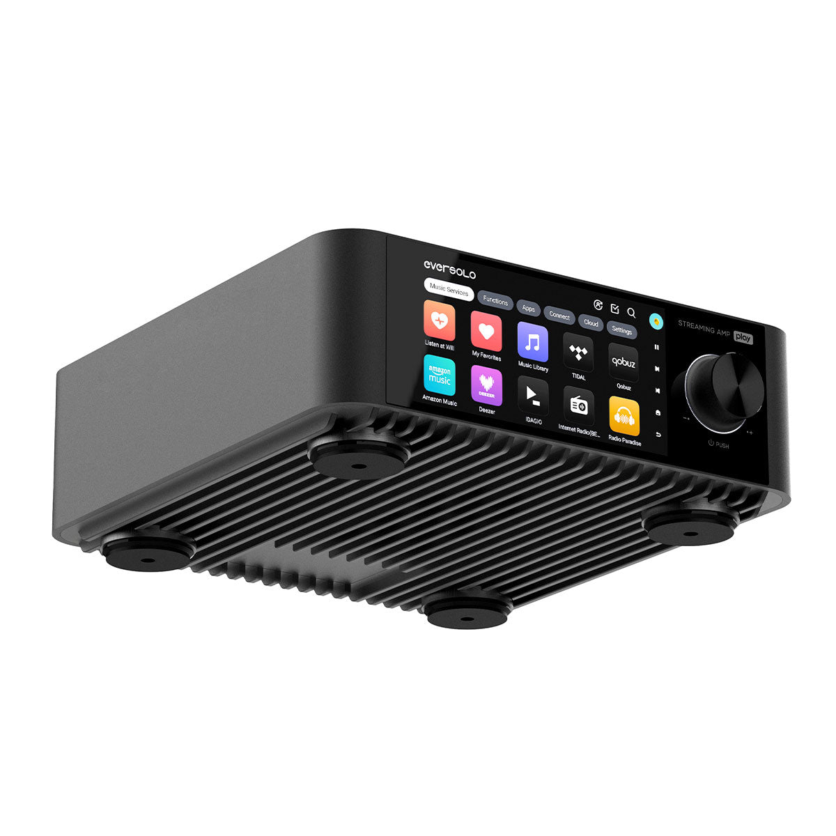 Ein schwarzer Eversolo Streaming-Verstärker mit Touchscreen-Display und Drehregler.