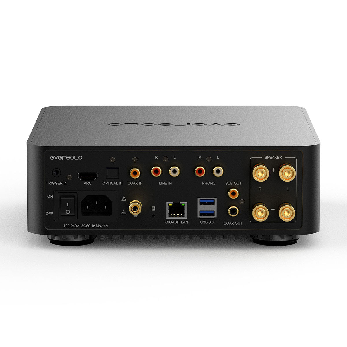 Rückseite eines schwarzen Audiogeräts mit vielen Anschlüssen, darunter USB und Lautsprecher.
