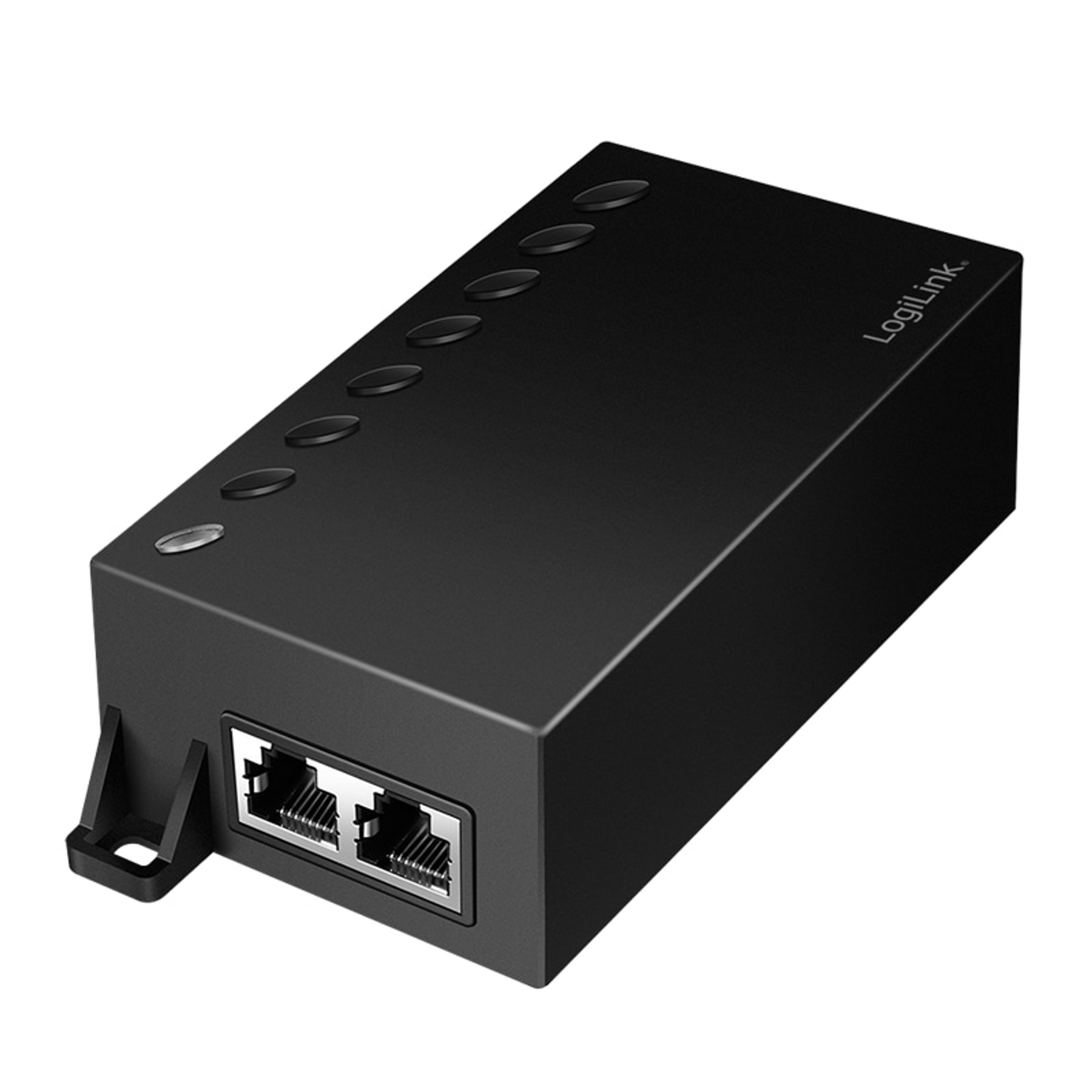 Ein schwarzer Netzwerkadapter mit zwei RJ45-Anschlüssen und ovalen LEDs.