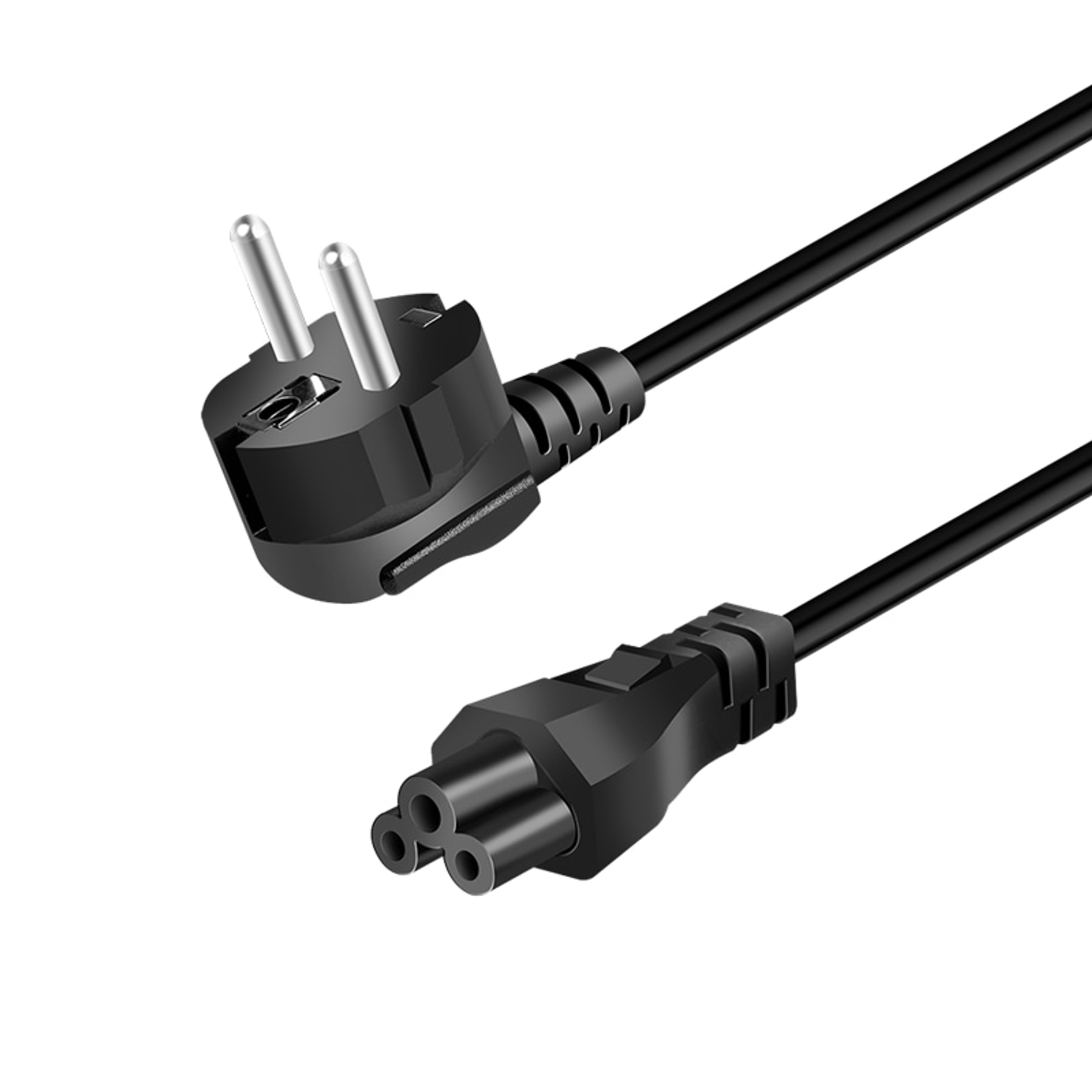 Ein schwarzes Stromkabel mit einem Stecker und einem dreipoligen Stecker.