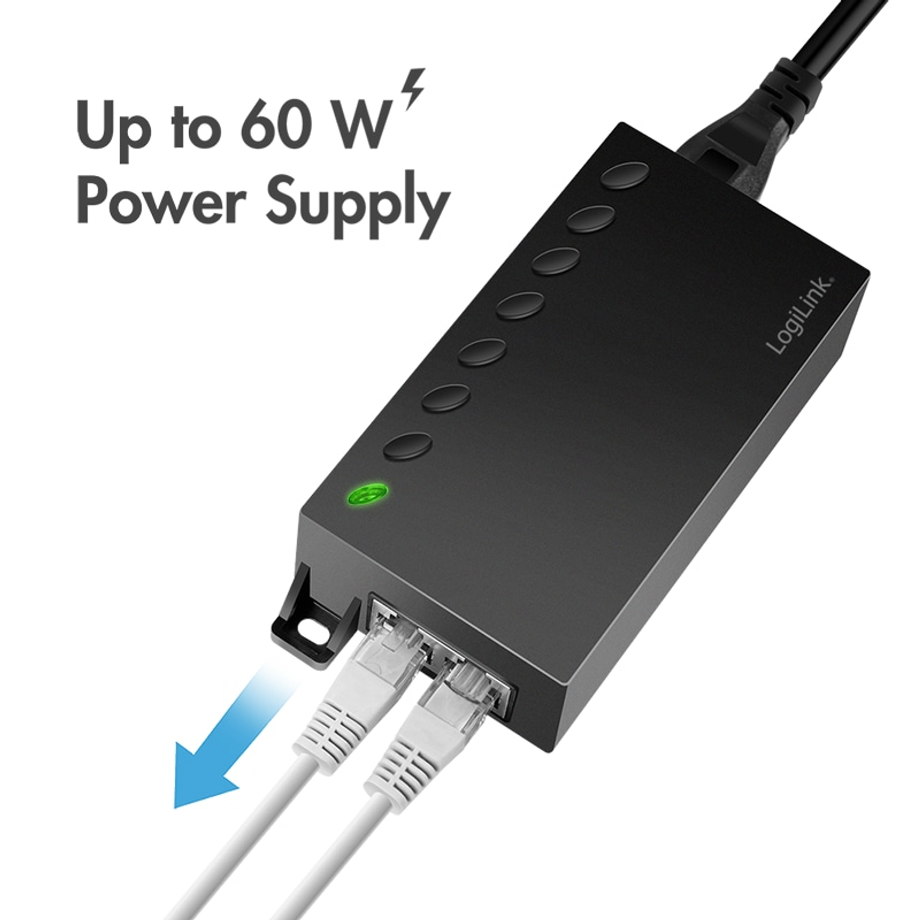 Schwarzes LogiLink Netzteil mit 2 Ethernet-Kabeln und Netzstecker.