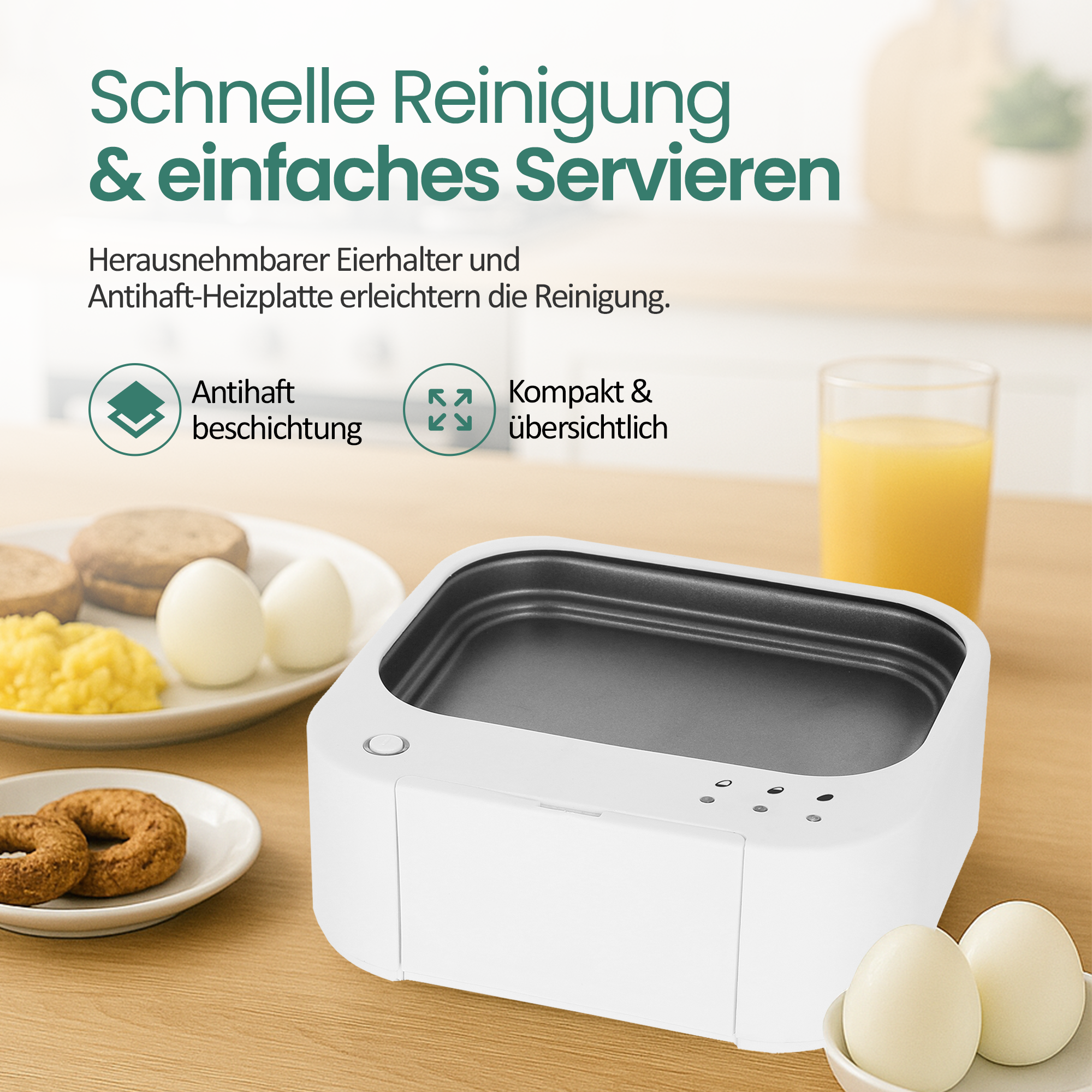 Ein weißer Frühstücksgrill mit Eiern, Toast und Saft. Schnelle Reinigung.