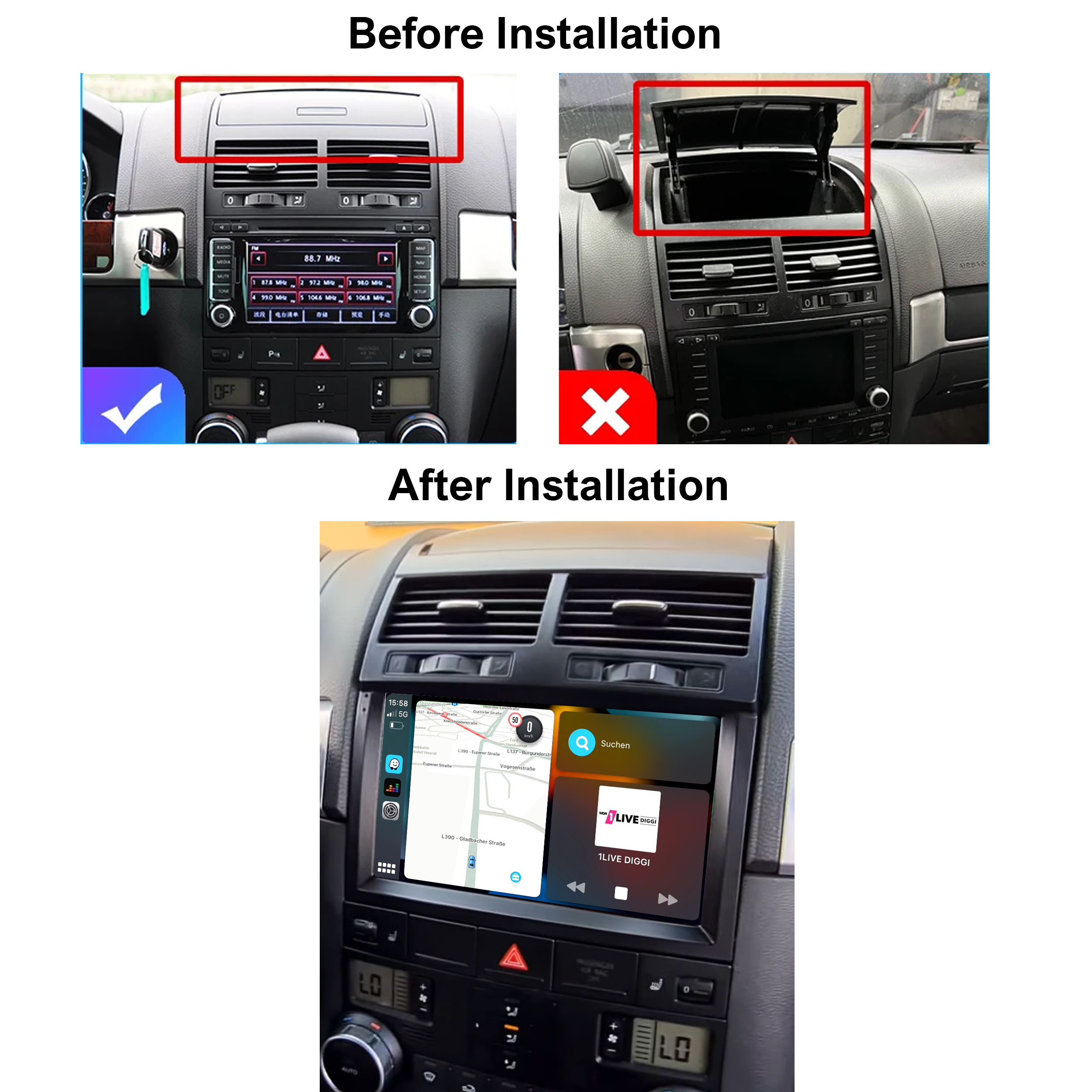 Vorher/Nachher-Vergleich eines Auto-Infotainmentsystems mit Navigations- und Radioanzeigen.