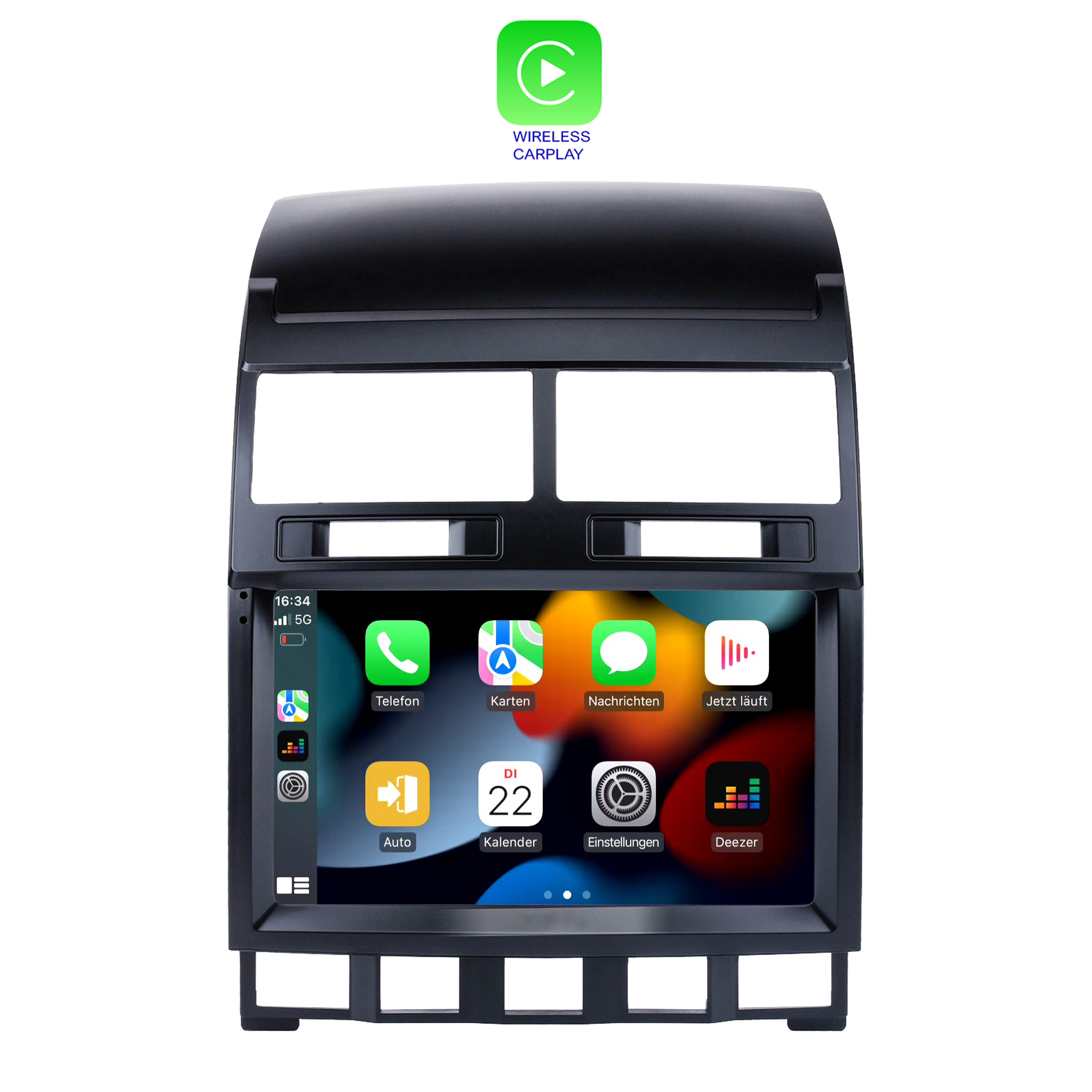 Ein Autoradio-Display mit "Wireless CarPlay" Logo und App-Icons.
