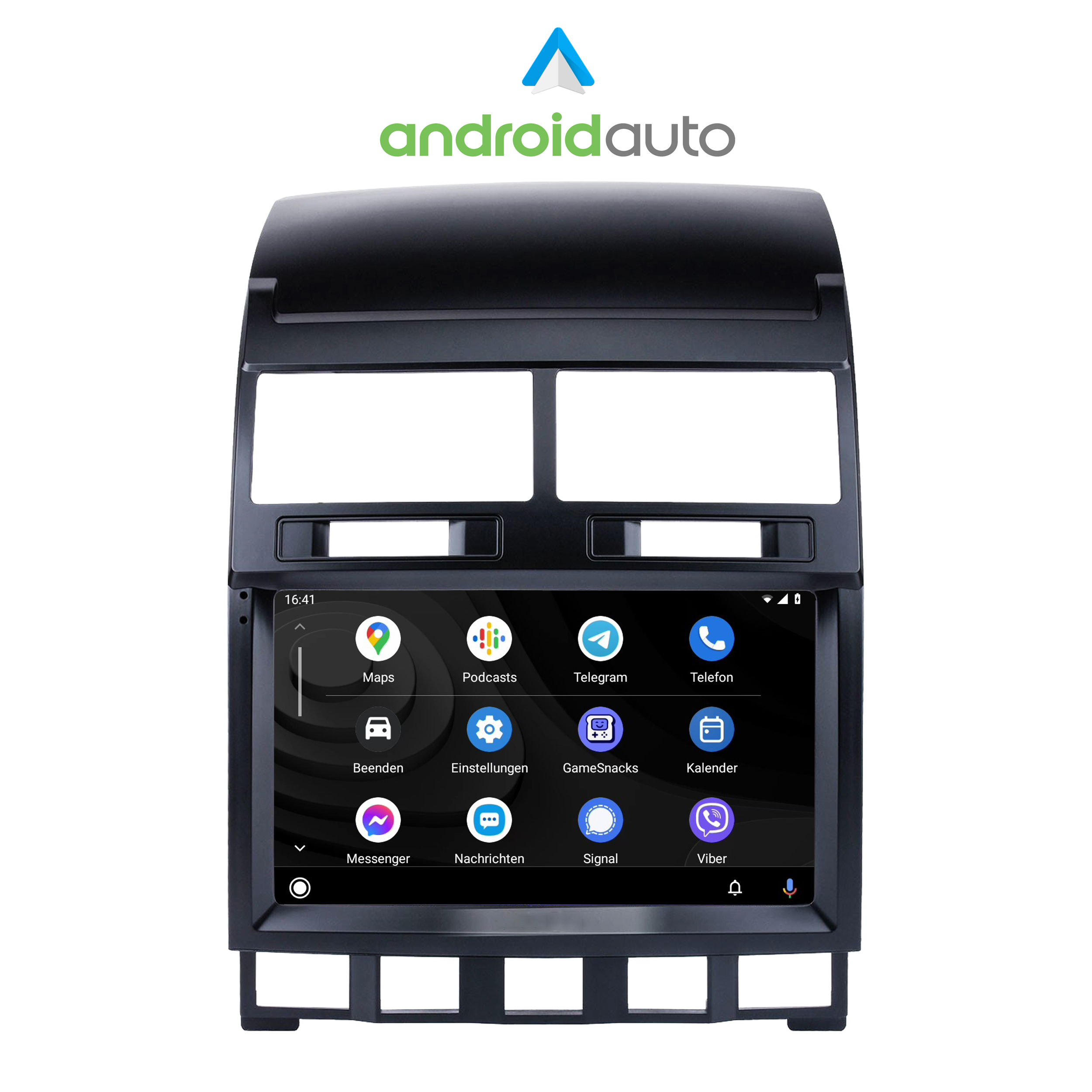 Ein Autoradio mit Android Auto-Logo und App-Symbolen auf dem Bildschirm.